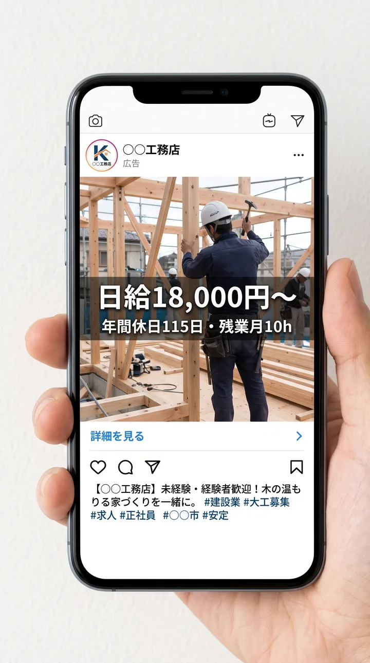SNS広告のイメージ：建設現場の写真に日給18,000円〜のテキスト