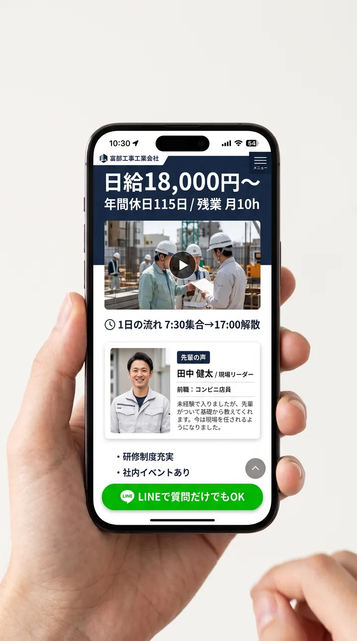 採用LPのイメージ：日給・休日・残業の数字、1日の流れ、先輩の声を掲載したスマホページ