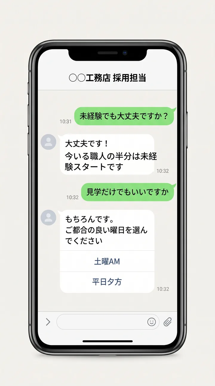 チャット応募のイメージ：未経験の質問から見学日程の選択までのやり取り